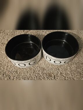 Set of 2 Black & White 'DOG' Ceramic Bowls